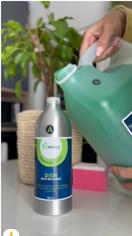 Hands refilling Mrs Martin's allergy friendly DISH from bulk